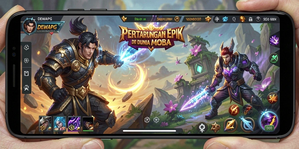 Screenshot DEWAPG menampilkan aksi epik dalam pertempuran MOBA.