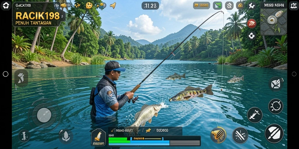 Tampilan gameplay RACIK198 yang seru saat memancing ikan.
