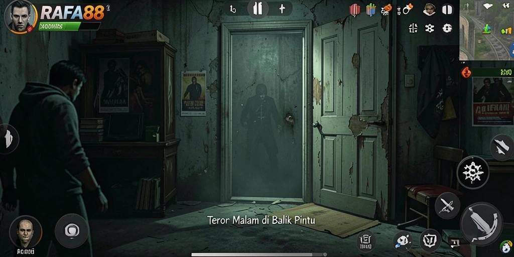 Screenshot gameplay RAFA88 menampilkan suasana mencekam dan interaksi dengan hantu.