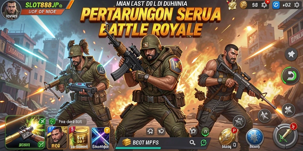 Tangkapan layar utama SLOT88JP menampilkan aksi seru di medan tempur Battle Royale.