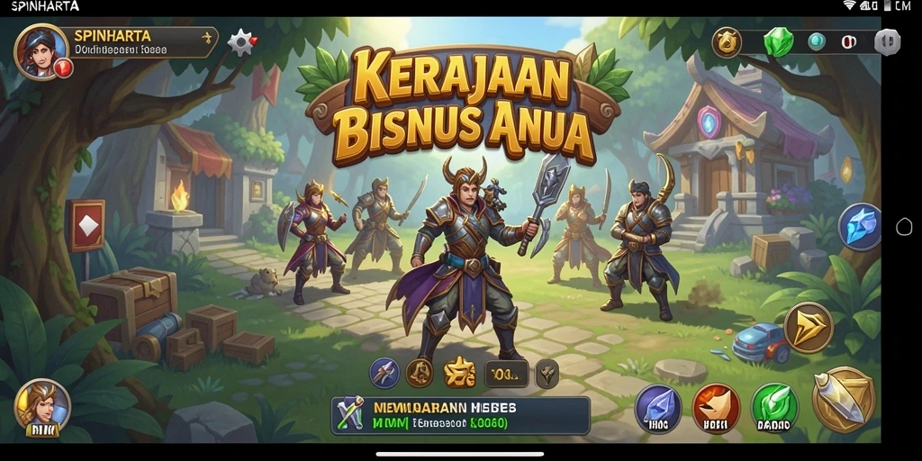 Tampilan gameplay SPINHARTA menampilkan aksi membangun bisnis yang dinamis.