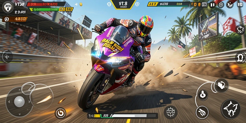 Screenshot utama dari gameplay seru VT38 yang menunjukkan aksi balap motor.